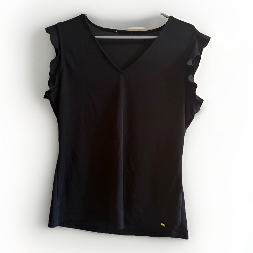 Calvin Klein Black V-Neck Ruffle Sleeve Blouse - Medium